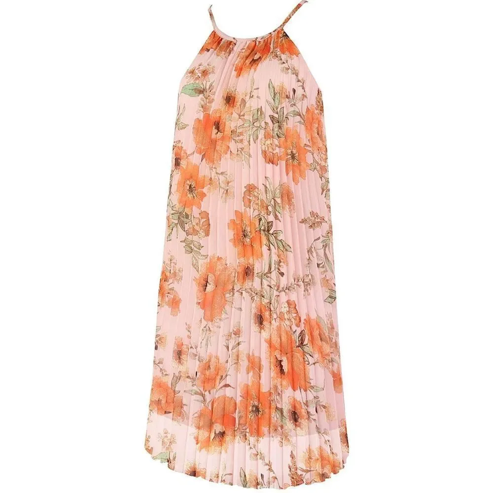 Women's Summer Spaghetti Strap Pleated Casual Swing Midi Dress with Belt - Picture 5 of 6